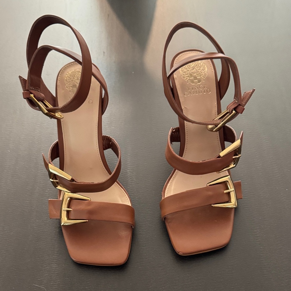 Vince Camuto Tan Sandals with Gold Buckles